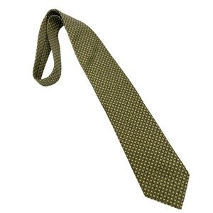 Saks Fifth Avenue Mens Silk Tie Olive Green Gold Geometric Diamond Pattern 59in